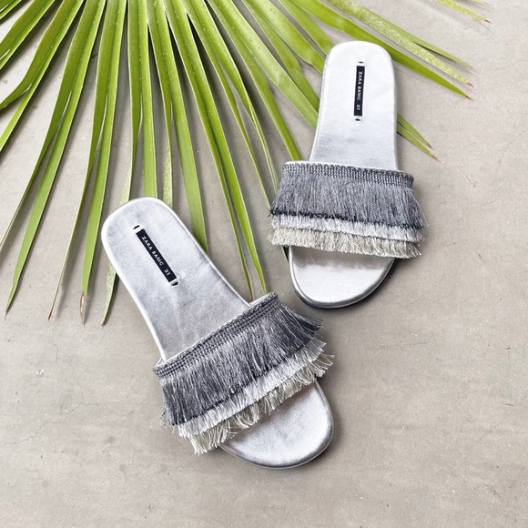 ZARA Silver Metallic Fringe Sandal Slides EU 37